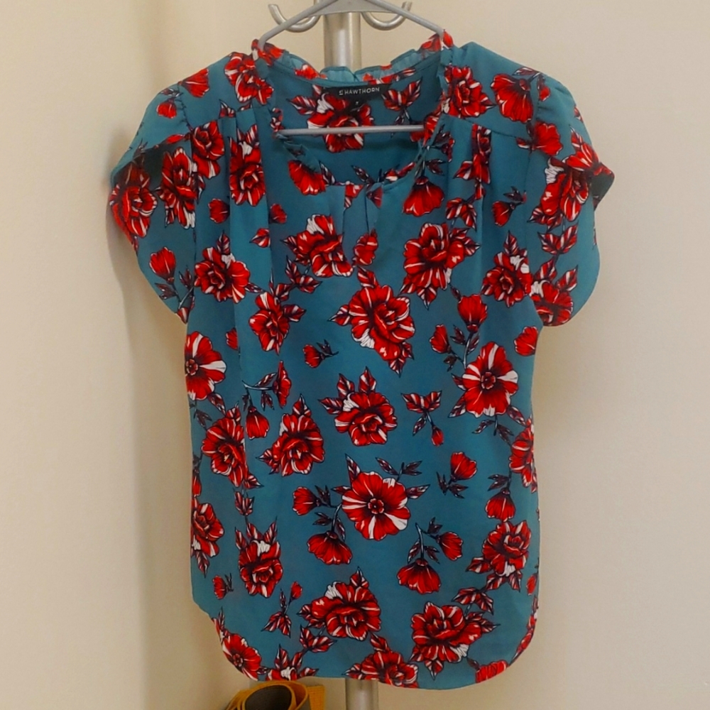 41 Hawthorne blouse aqua with red flowers